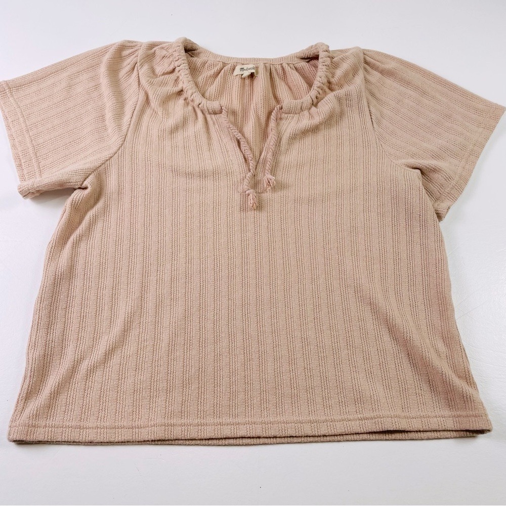 Madewell Pointelle Tie Neck‎ Top Women's Medium Pink Ribbed Knit Short Sleeve